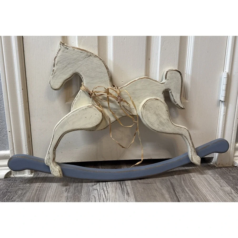 Wooden Rocking Horse Wall Hanging Hand Painted Folk Art Country Decor Nursery